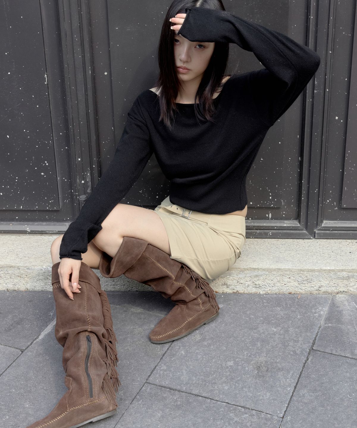 이프소마그넷(IFSO MAGNET) Belt Midi Skirt - BEIGE