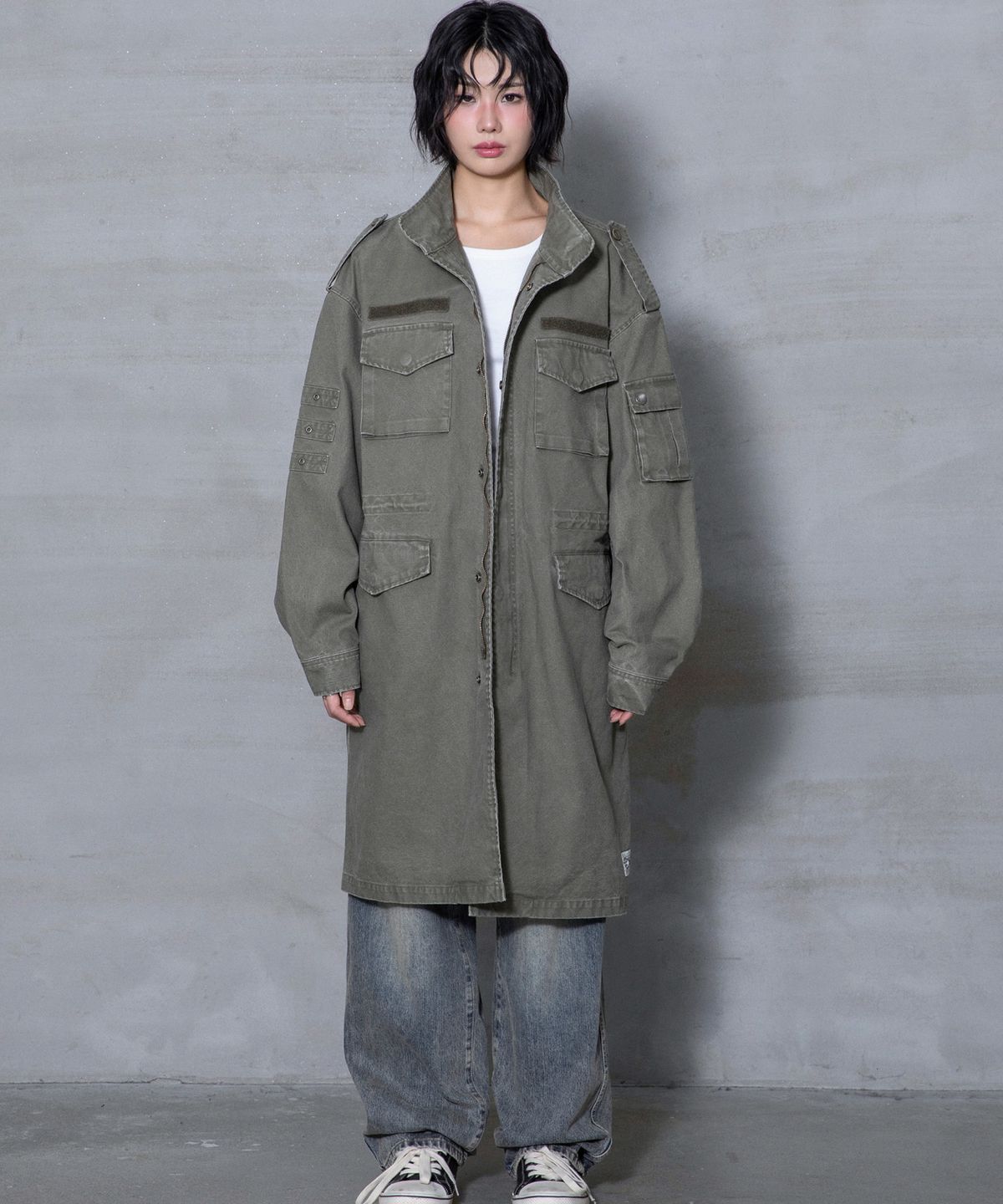 엑스톤즈(XTONZ) XJ143 밀리터리 빈티지 워싱 롱 M-65 필드 자켓 (KHAKI)