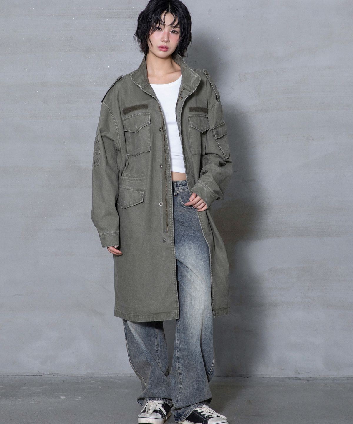 엑스톤즈(XTONZ) XJ143 밀리터리 빈티지 워싱 롱 M-65 필드 자켓 (KHAKI)