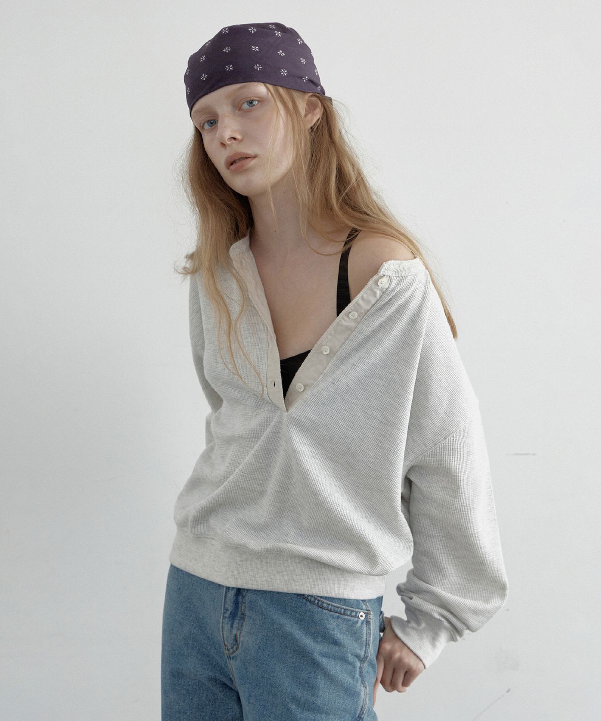 토아베(TOAVE) Waffle Half-Open Sweatshirt (Oatmeal)