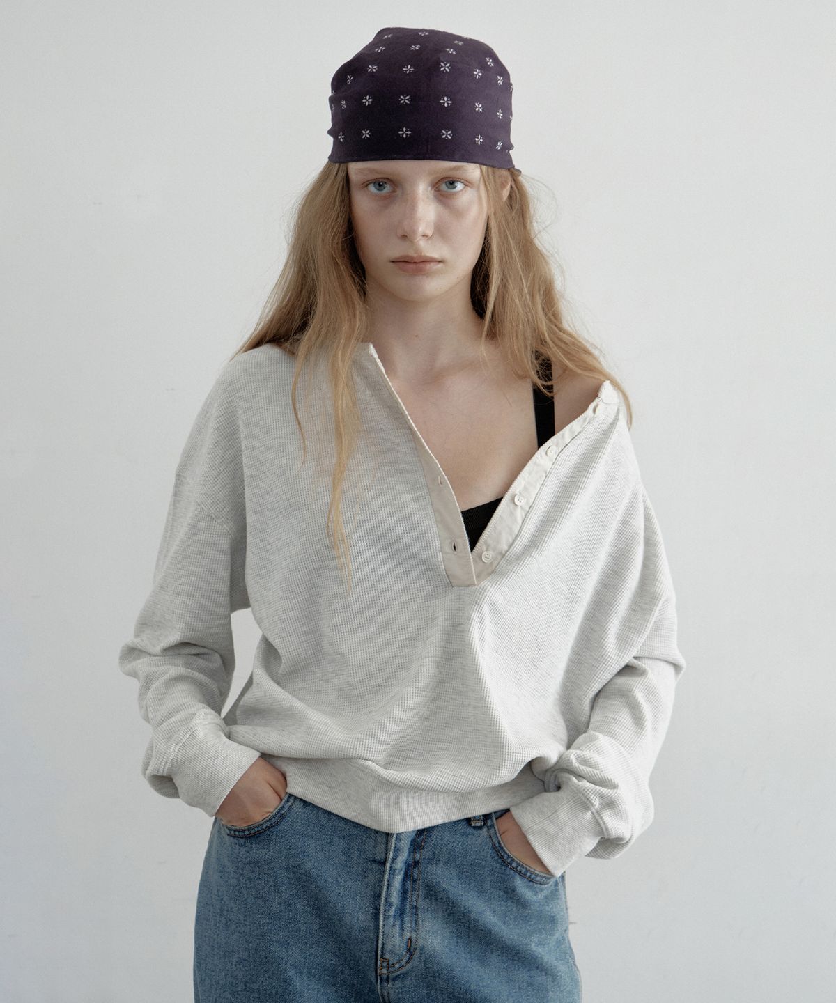 토아베(TOAVE) Waffle Half-Open Sweatshirt (Oatmeal)