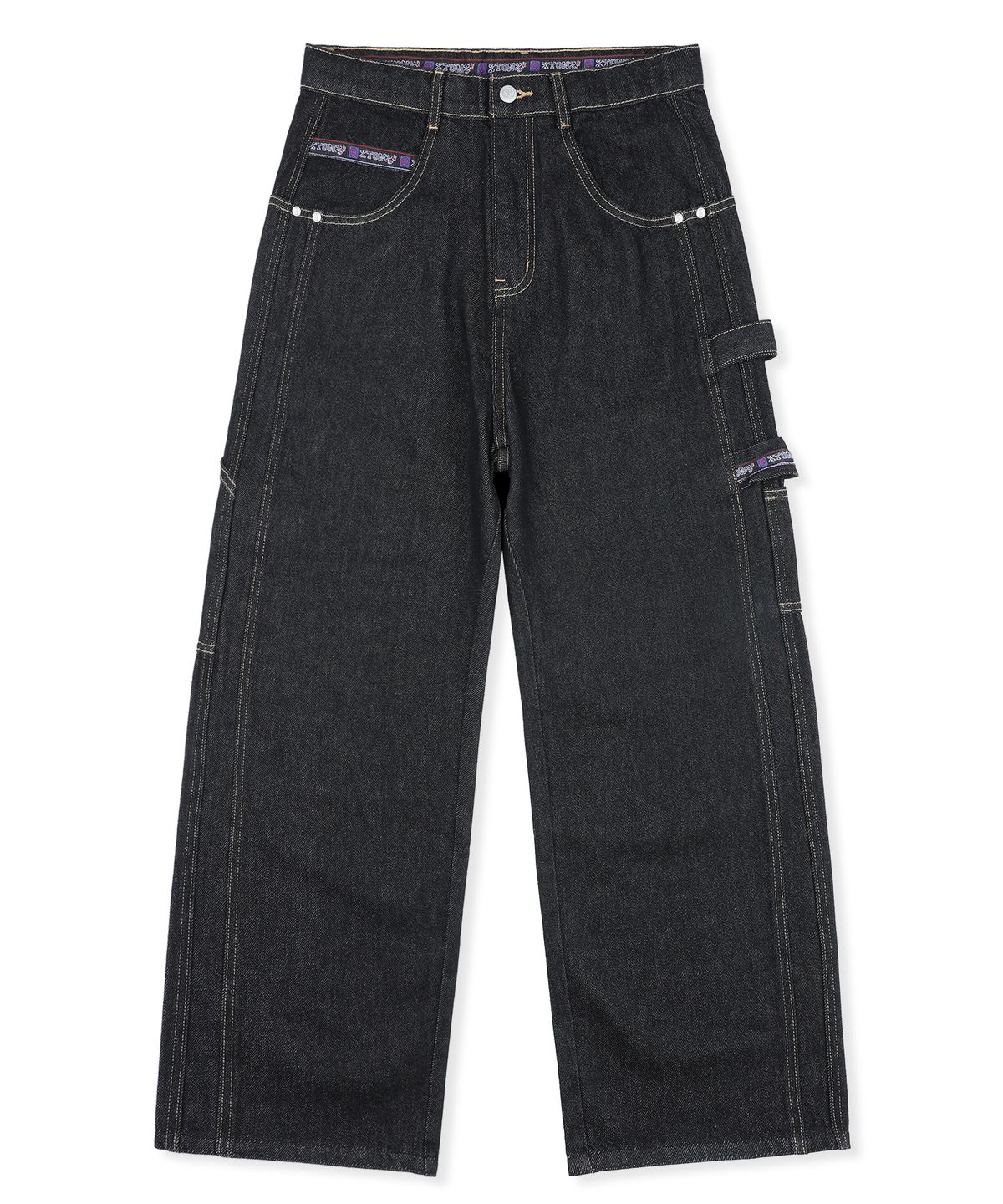엑스톤즈(XTONZ) XP346 90s 롤업 루즈핏 카펜더 워크 데님 팬츠 (BLACK)