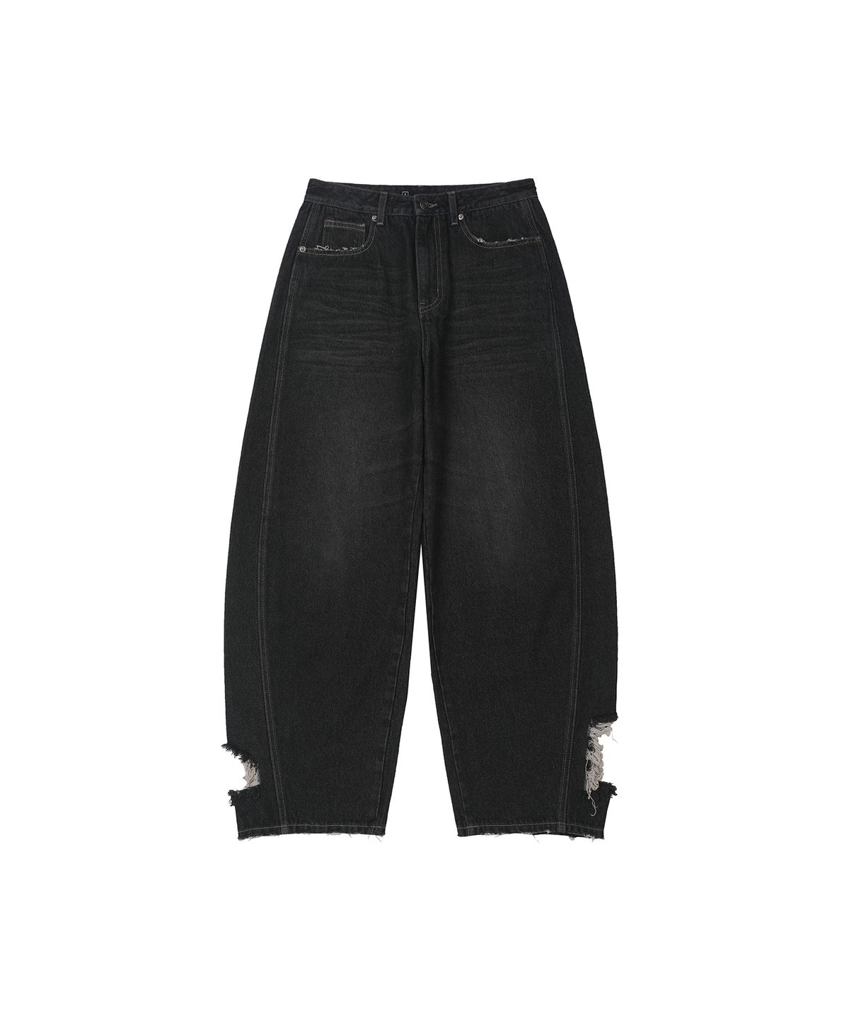 레더리(LEATHERY) 디스트레스드 체크 커브드 데님 팬츠 [BLACK]