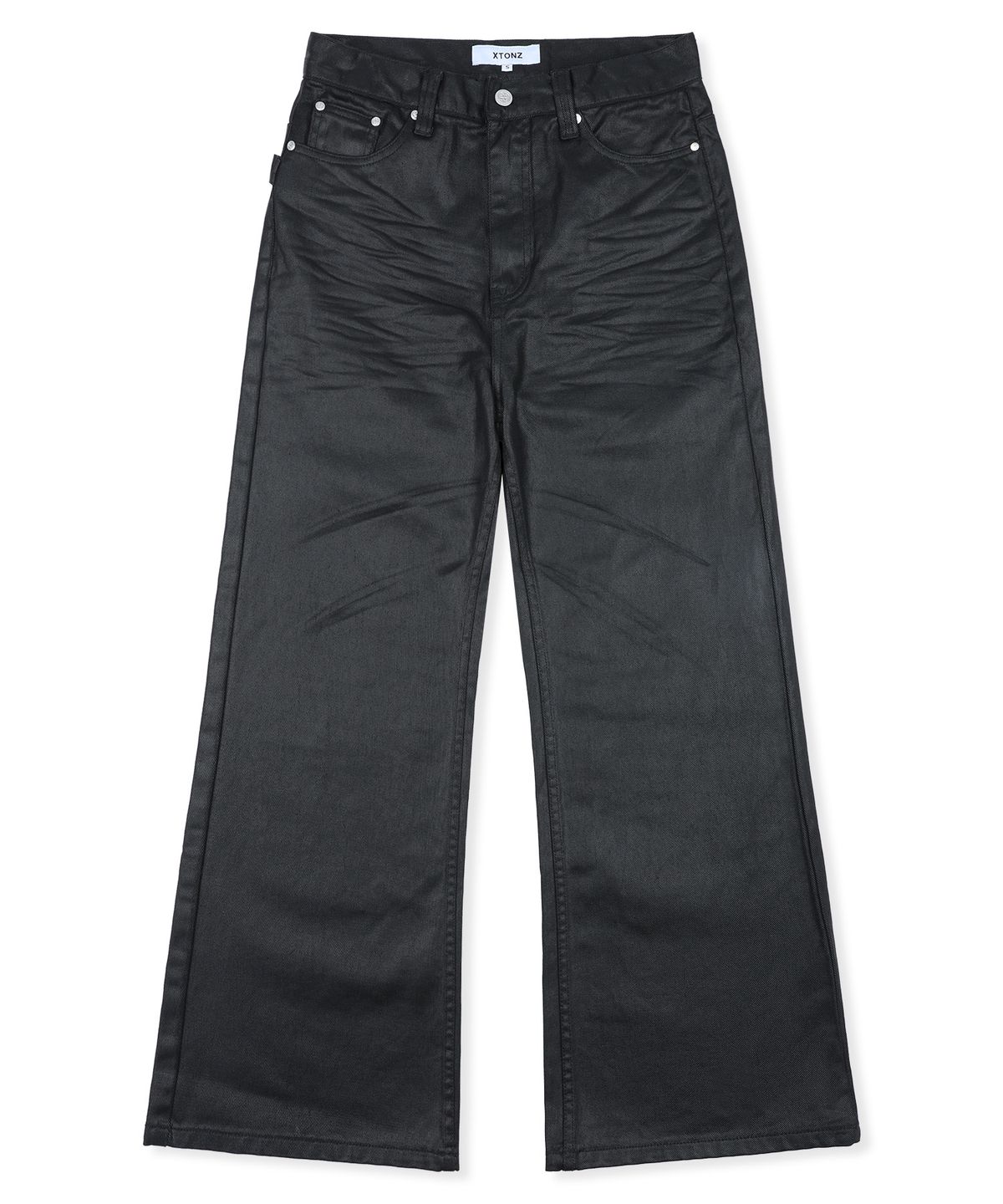 엑스톤즈(XTONZ) XP345 아일렛 벨티드 새깅 플레어 코팅 코튼 팬츠 (BLACK)