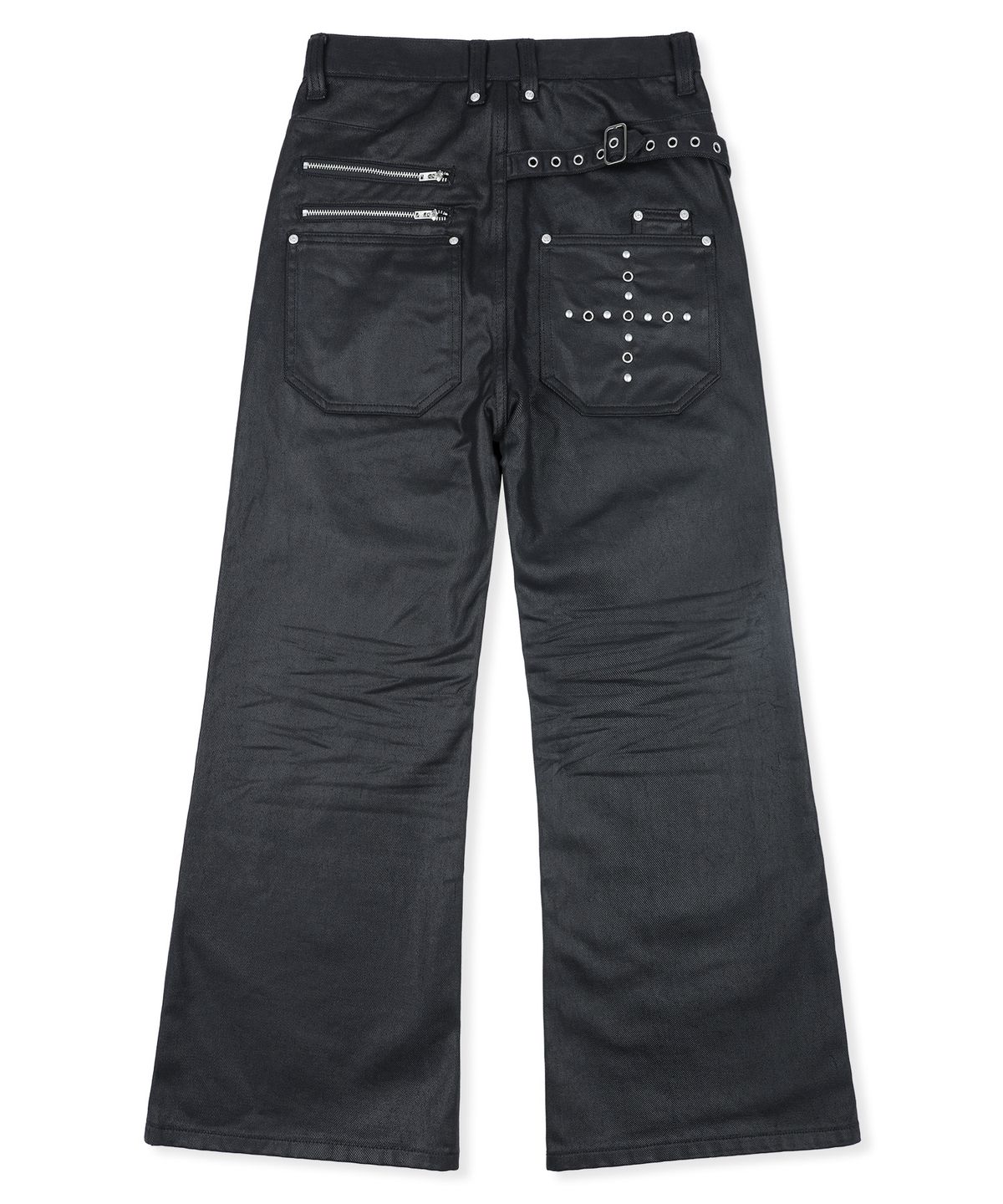 엑스톤즈(XTONZ) XP345 아일렛 벨티드 새깅 플레어 코팅 코튼 팬츠 (BLACK)