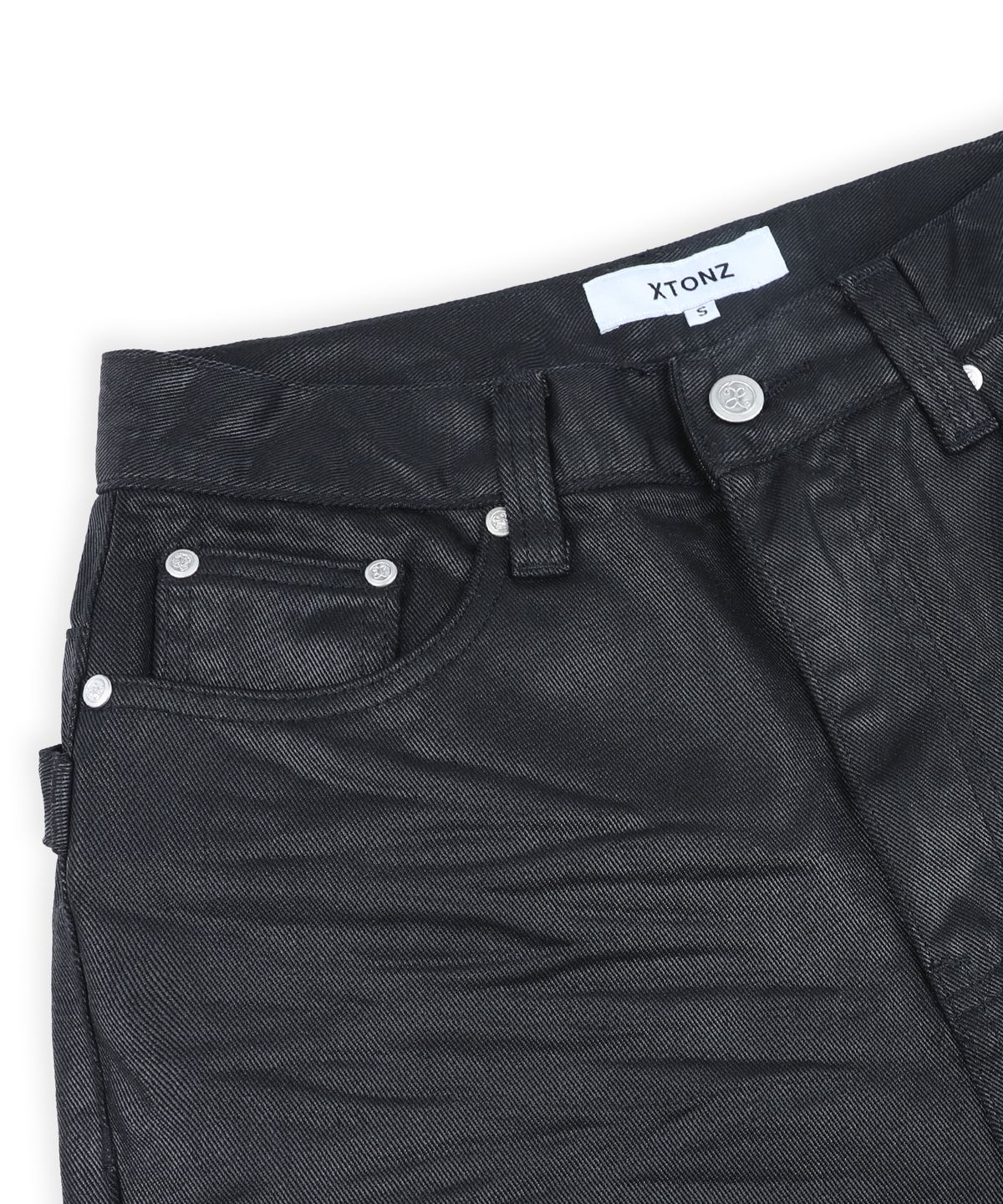 엑스톤즈(XTONZ) XP345 아일렛 벨티드 새깅 플레어 코팅 코튼 팬츠 (BLACK)