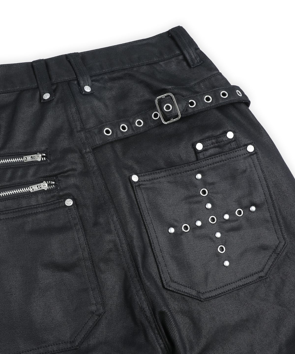 엑스톤즈(XTONZ) XP345 아일렛 벨티드 새깅 플레어 코팅 코튼 팬츠 (BLACK)