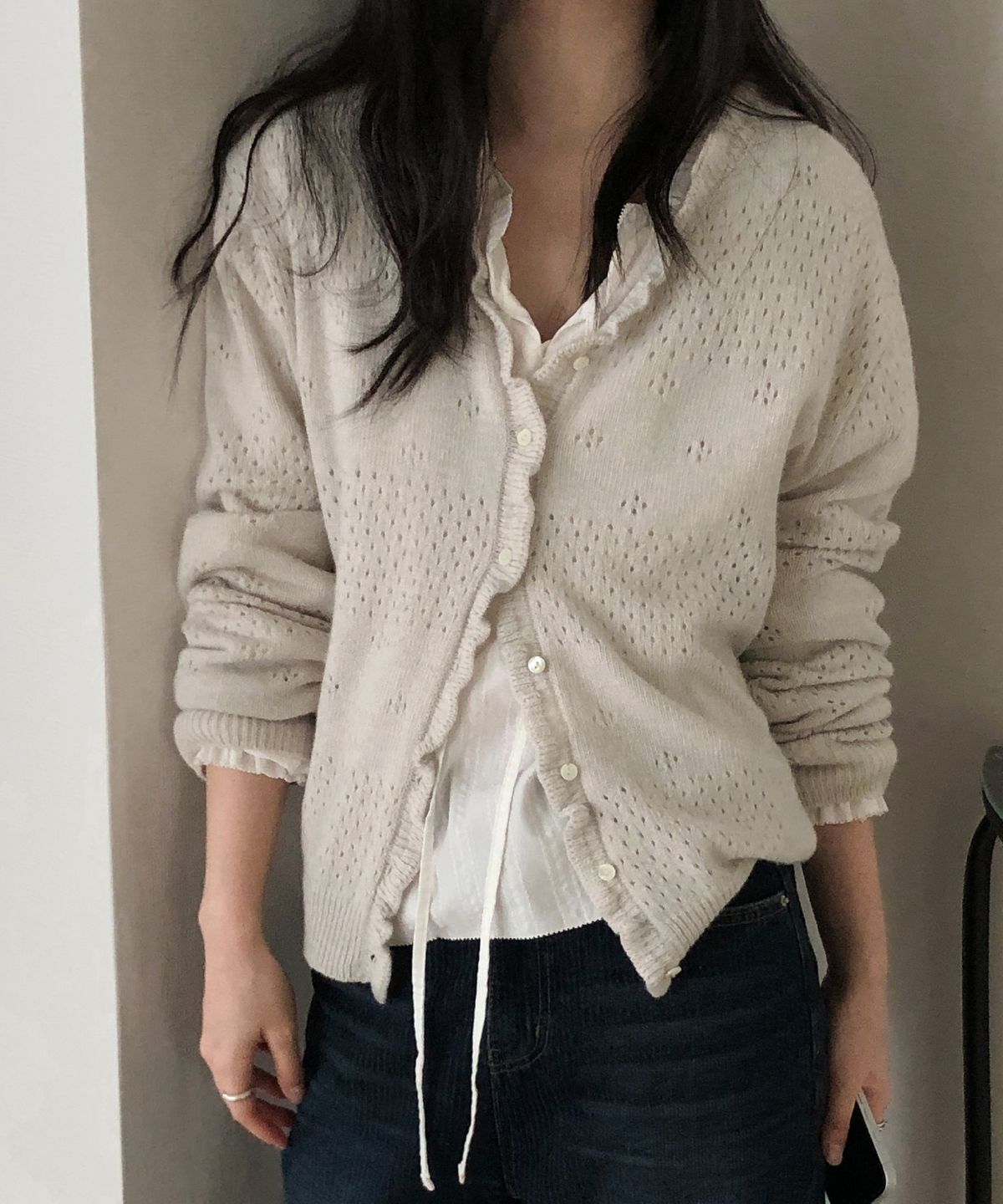 토아베(TOAVE) Marais Ruffle Pointelle Wool Cardigan (Oat gray)