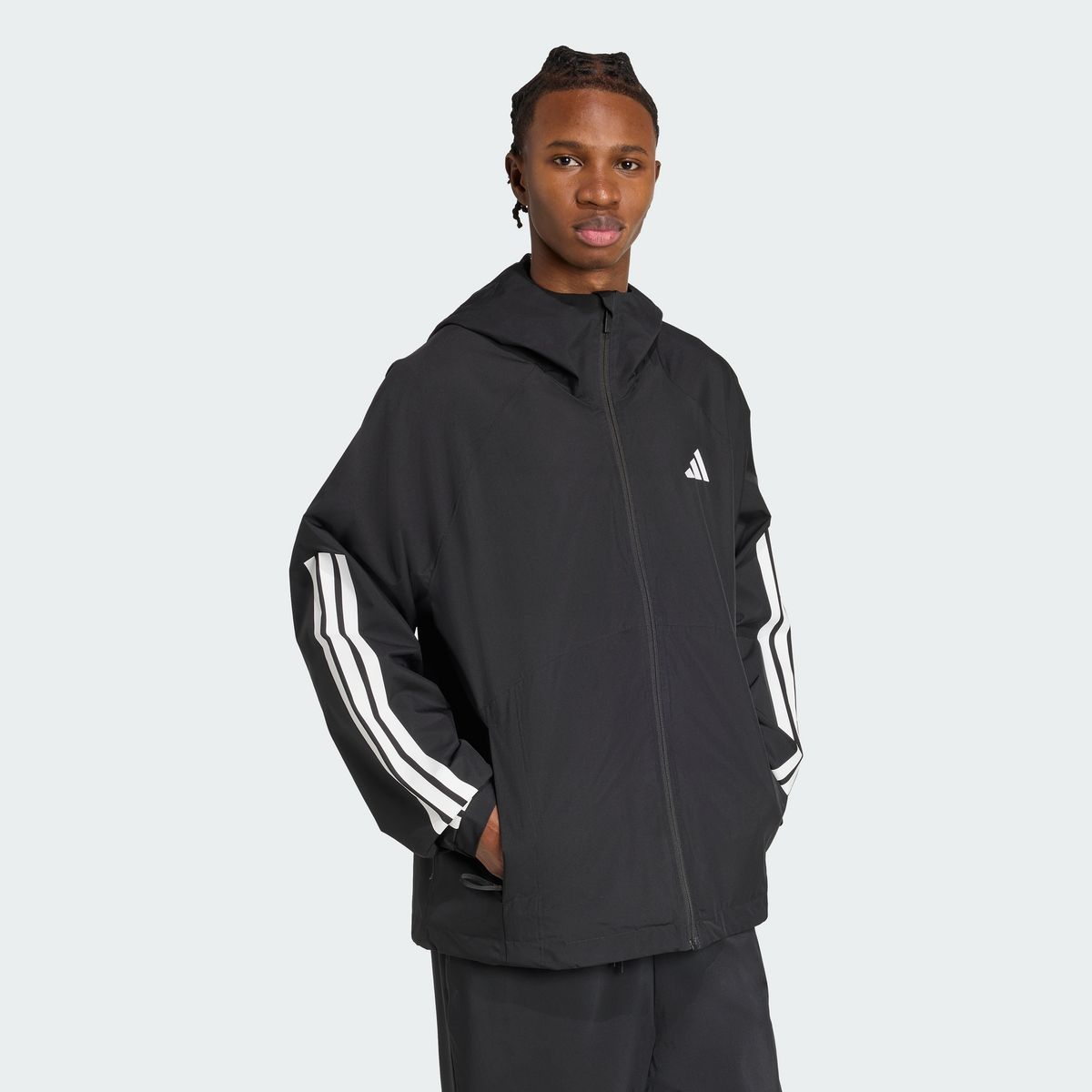 아디다스(ADIDAS) 에센셜 클라이마프루프 3-스트라이프 후디드 재킷 JM1056