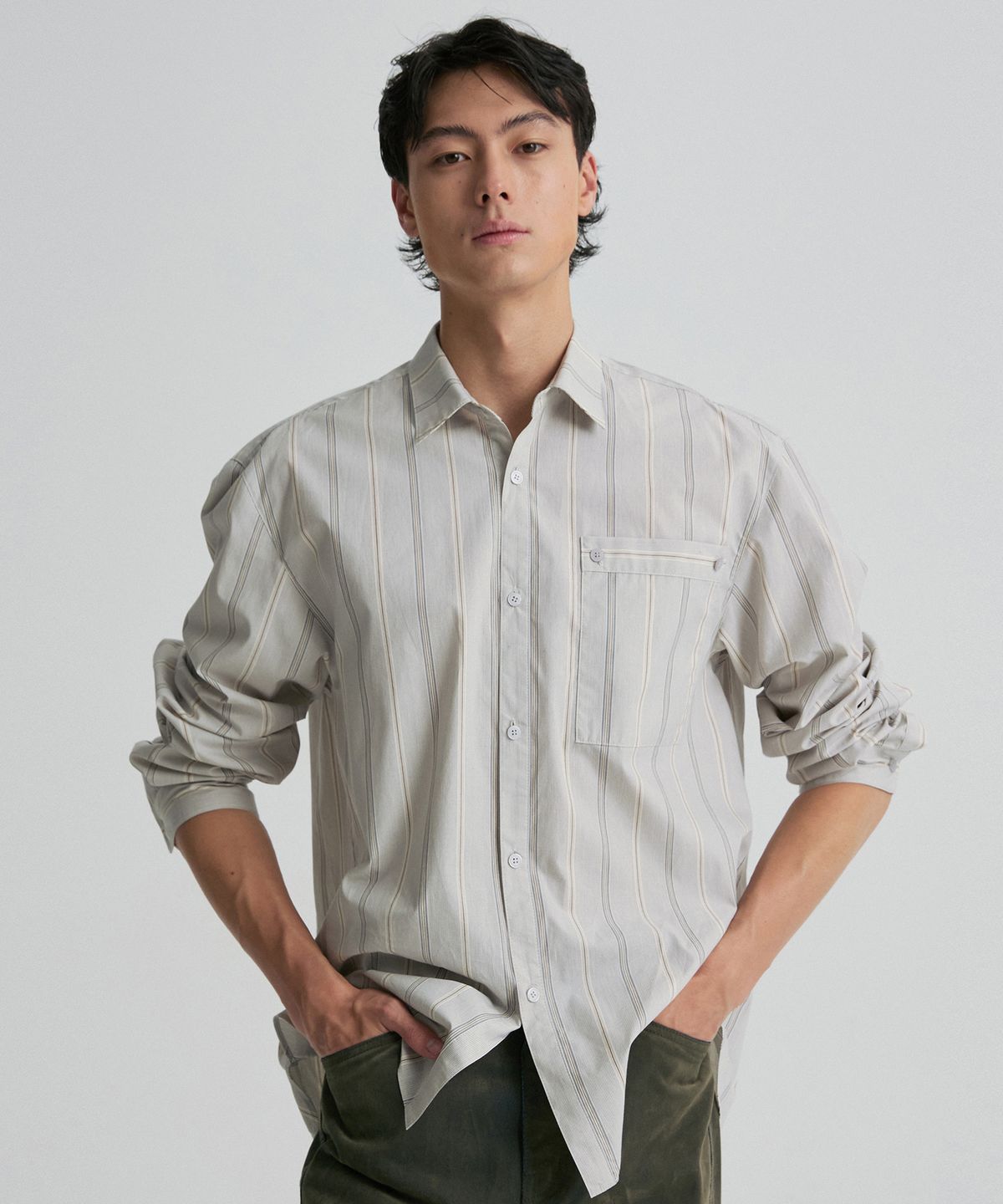 리이 맨(RERHEE MEN) STRIPED POCKET SHIRT BEIGE STRIPE