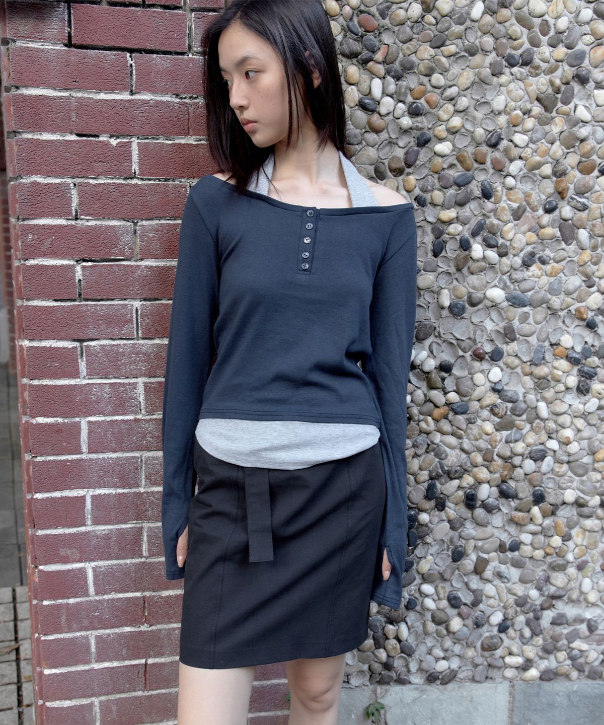 이프소마그넷(IFSO MAGNET) Halterneck Layered T-Shirt - NAVY
