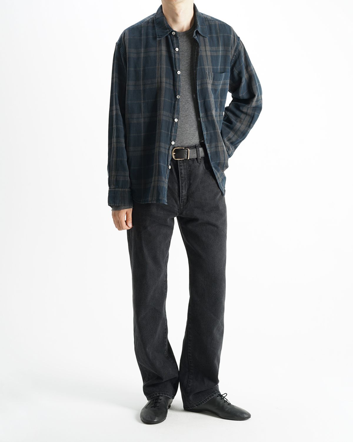 포커페이스(POKERFACE) REMAKE DYED DOUBLE FACE SHIRTS CHECK STRIPE (JAPAN FABRIC)