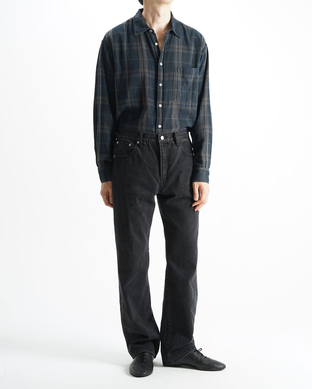 포커페이스(POKERFACE) REMAKE DYED DOUBLE FACE SHIRTS CHECK STRIPE (JAPAN FABRIC)