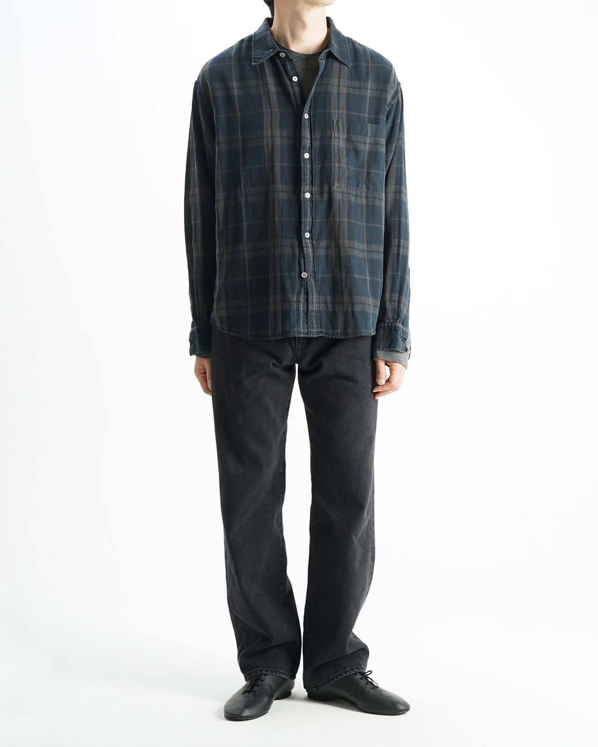 포커페이스(POKERFACE) REMAKE DYED DOUBLE FACE SHIRTS CHECK STRIPE (JAPAN FABRIC)