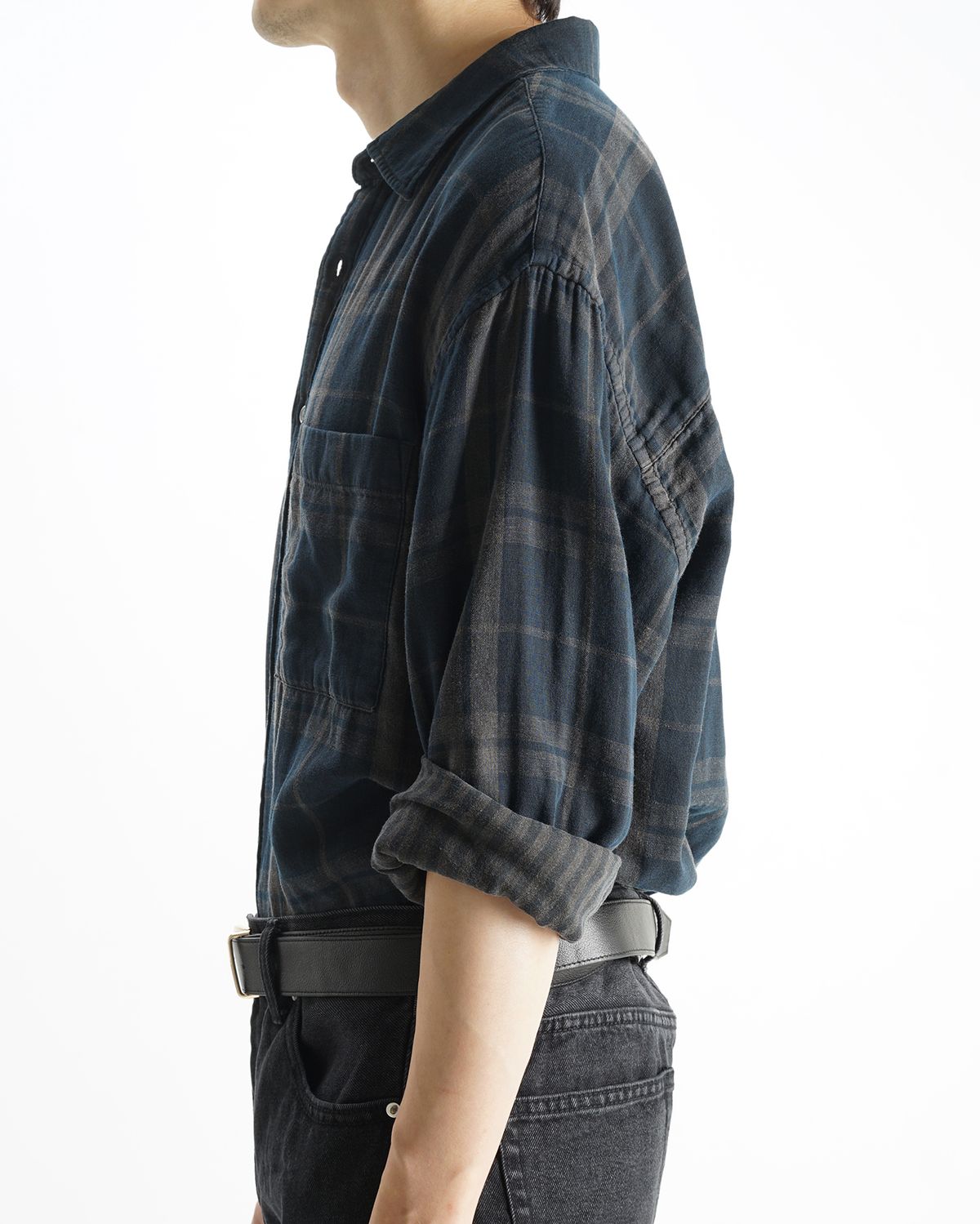포커페이스(POKERFACE) REMAKE DYED DOUBLE FACE SHIRTS CHECK STRIPE (JAPAN FABRIC)