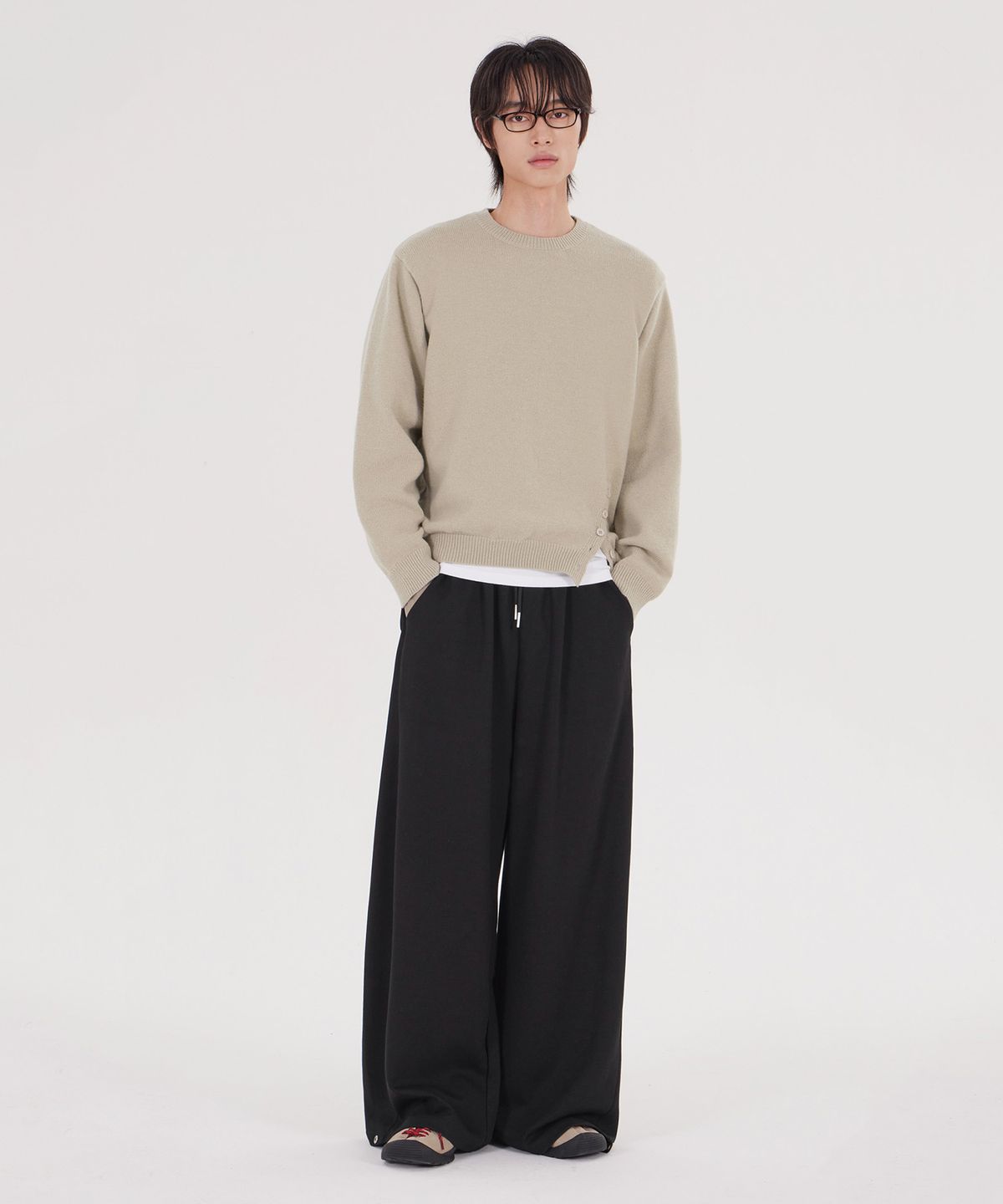 굿라이프웍스(GLW) [unisex] 와이드 스냅 절개 스웻 팬츠 블랙