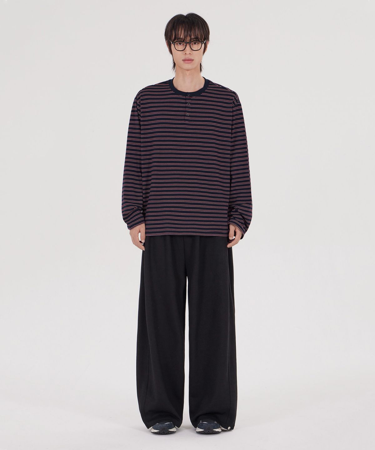 굿라이프웍스(GLW) [unisex] 스트라이프 헨리넥 롱슬리브티 와인