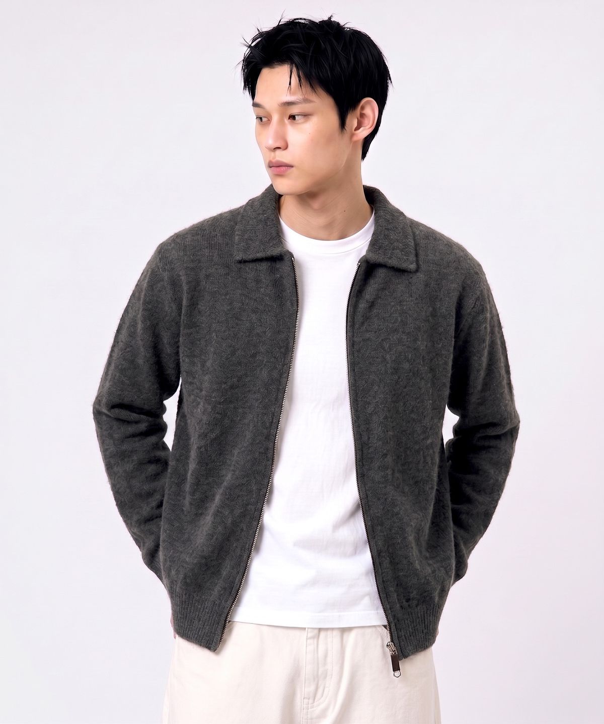 언더오프(UNDEROFF) 울라이크 카라 집업 니트 다크그레이