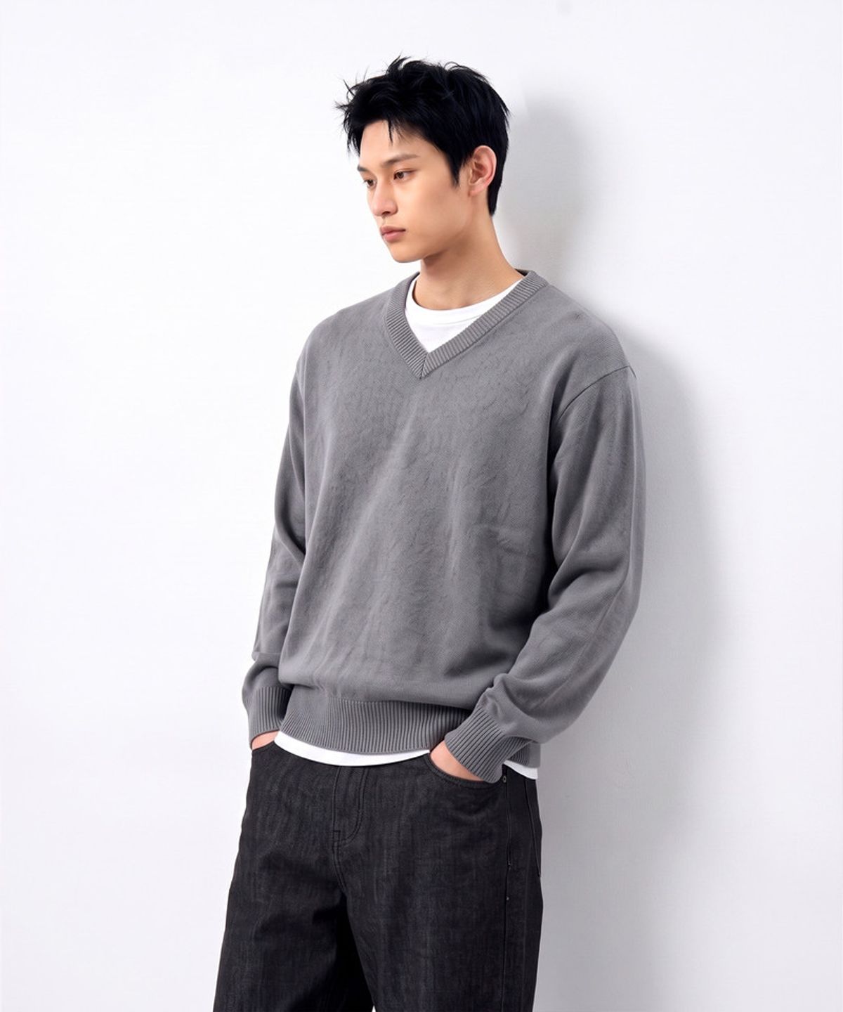 언더오프(UNDEROFF) 소프트 터치 크롭 브이넥 니트 그레이
