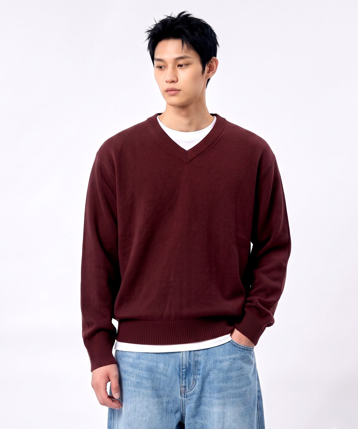 언더오프(UNDEROFF) 소프트 터치 크롭 브이넥 니트 다크레드