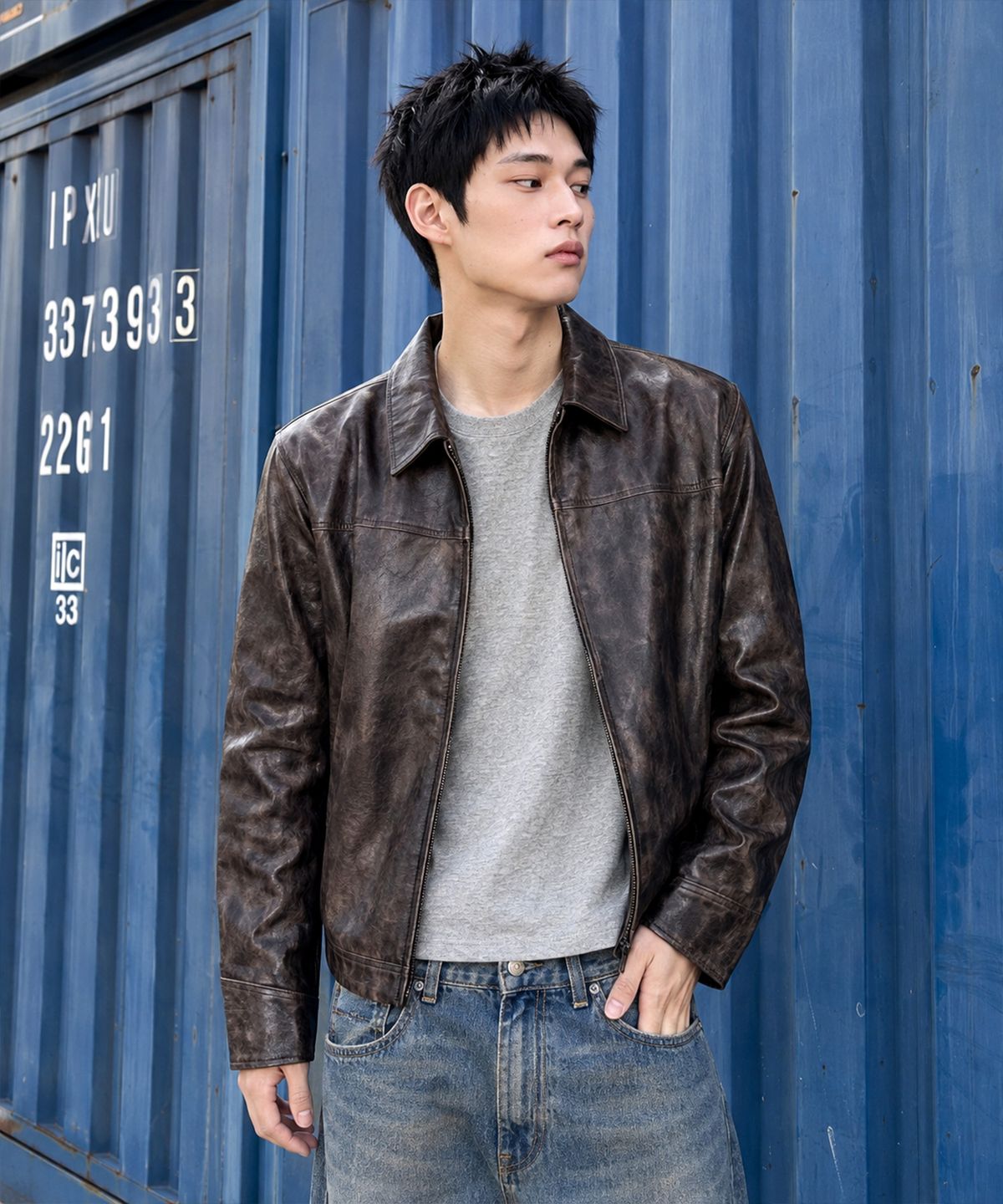 언더오프(UNDEROFF) 빈티지 스모키 신세틱 레더 자켓 브라운