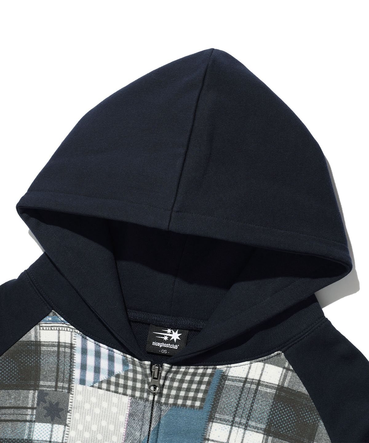 나이스고스트클럽(NICEGHOSTCLUB) PATCHWORK RAGLAN CROP HOODIE ZIP UP_NAVY(NG2GFUM490A)