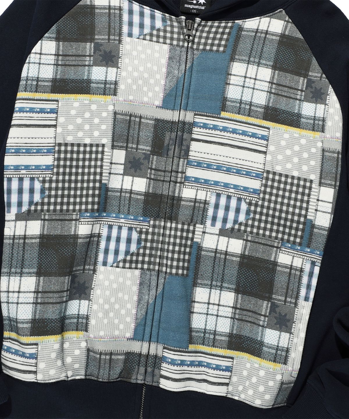 나이스고스트클럽(NICEGHOSTCLUB) PATCHWORK RAGLAN CROP HOODIE ZIP UP_NAVY(NG2GFUM490A)