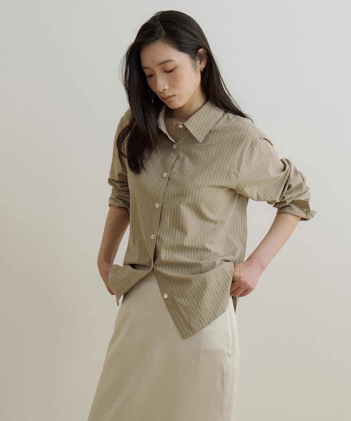 링서울(LINGSEOUL) stripe standard shirt-olive