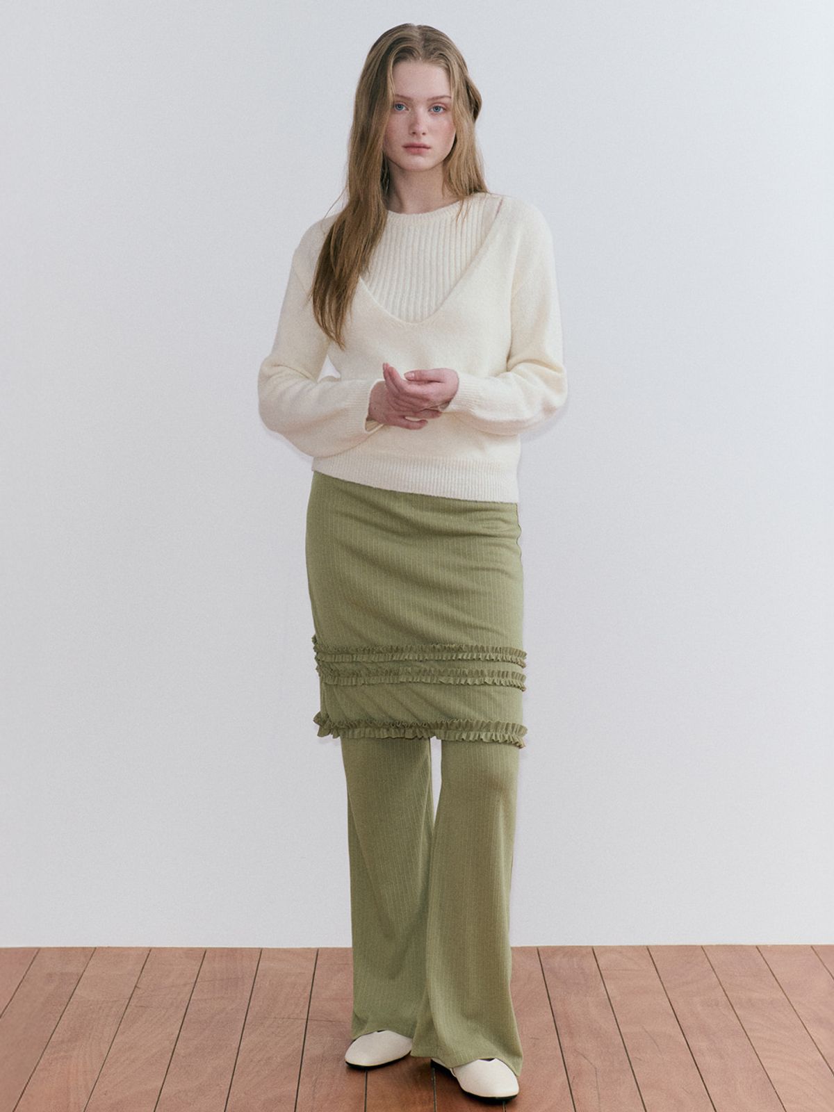 에트몽(ETMON) Frill Skirt Pants, Olive