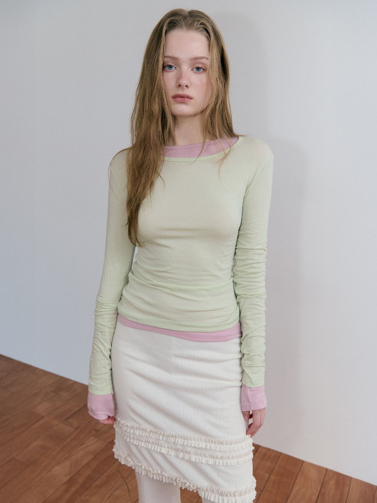 에트몽(ETMON) Basic Layered Long Sleeve T-Shirt, Light Green