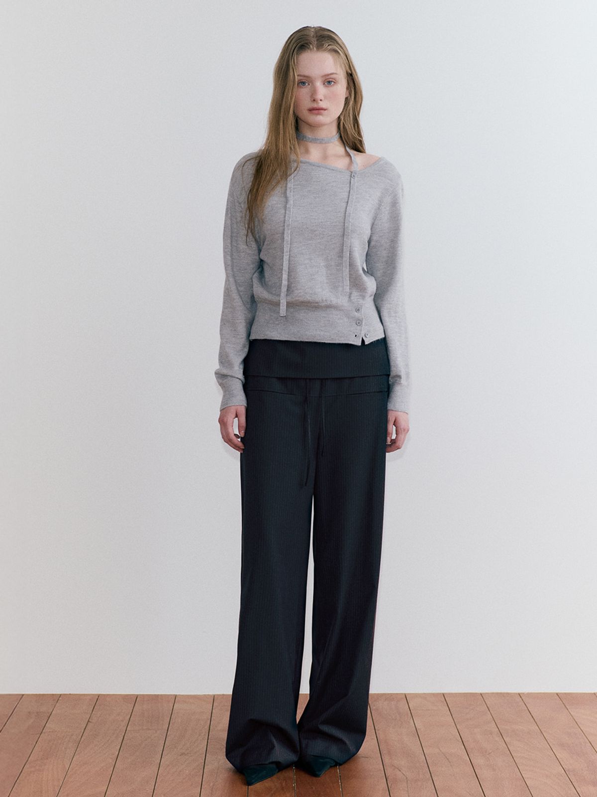 에트몽(ETMON) Stripe Fold Strap Pants, Dark Navy