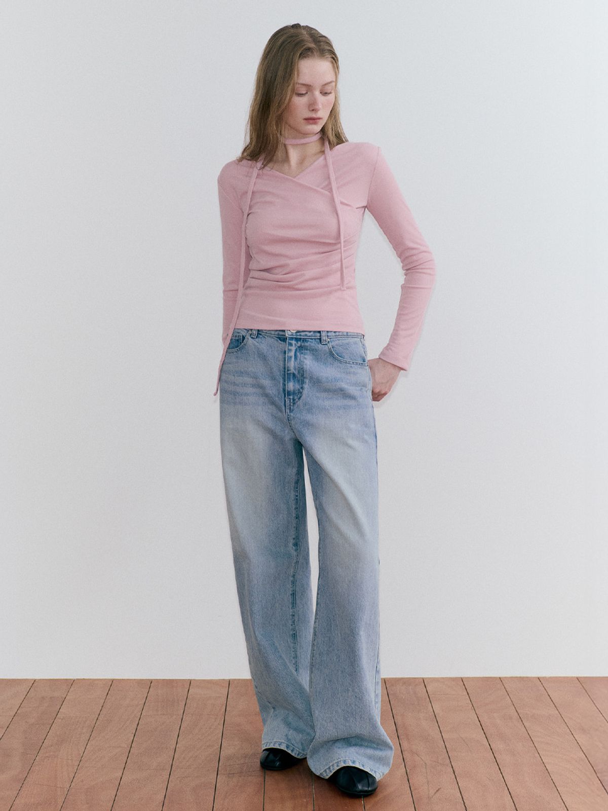 에트몽(ETMON) Wrap Pintuck Scarf T-Shirt, Pink