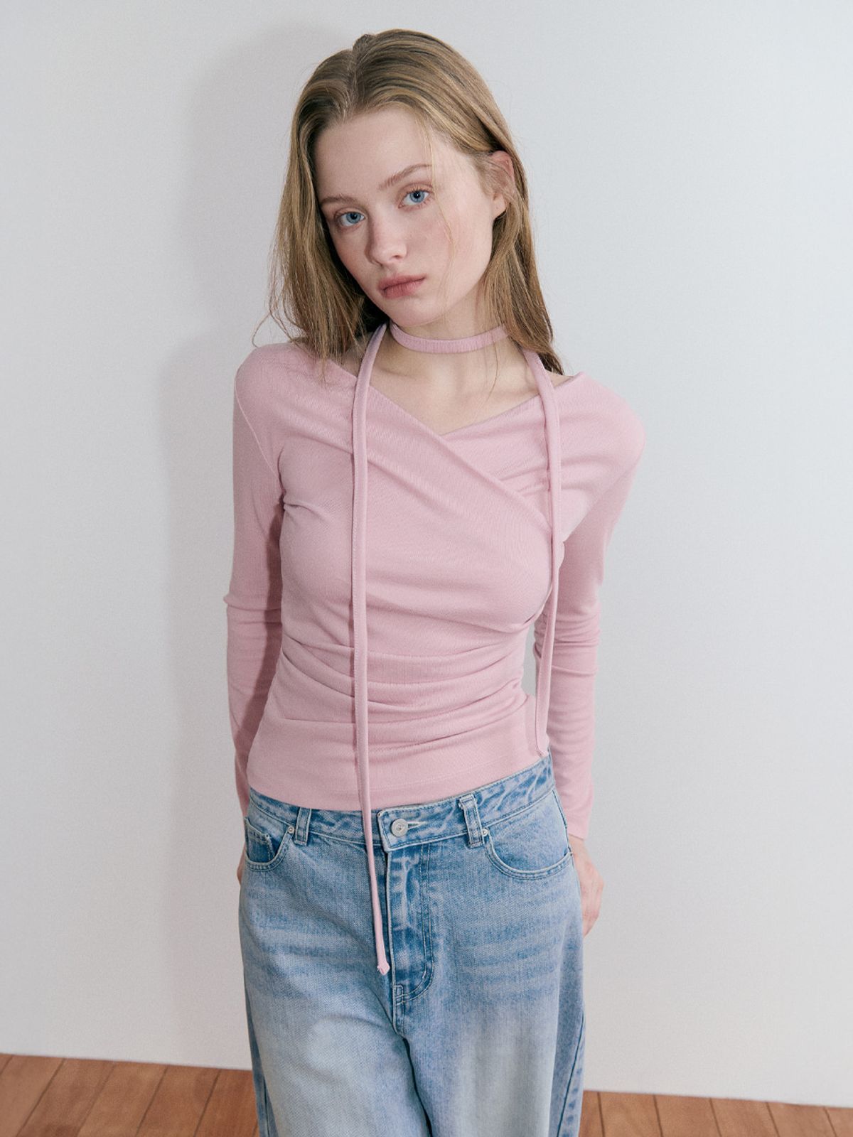 에트몽(ETMON) Wrap Pintuck Scarf T-Shirt, Pink
