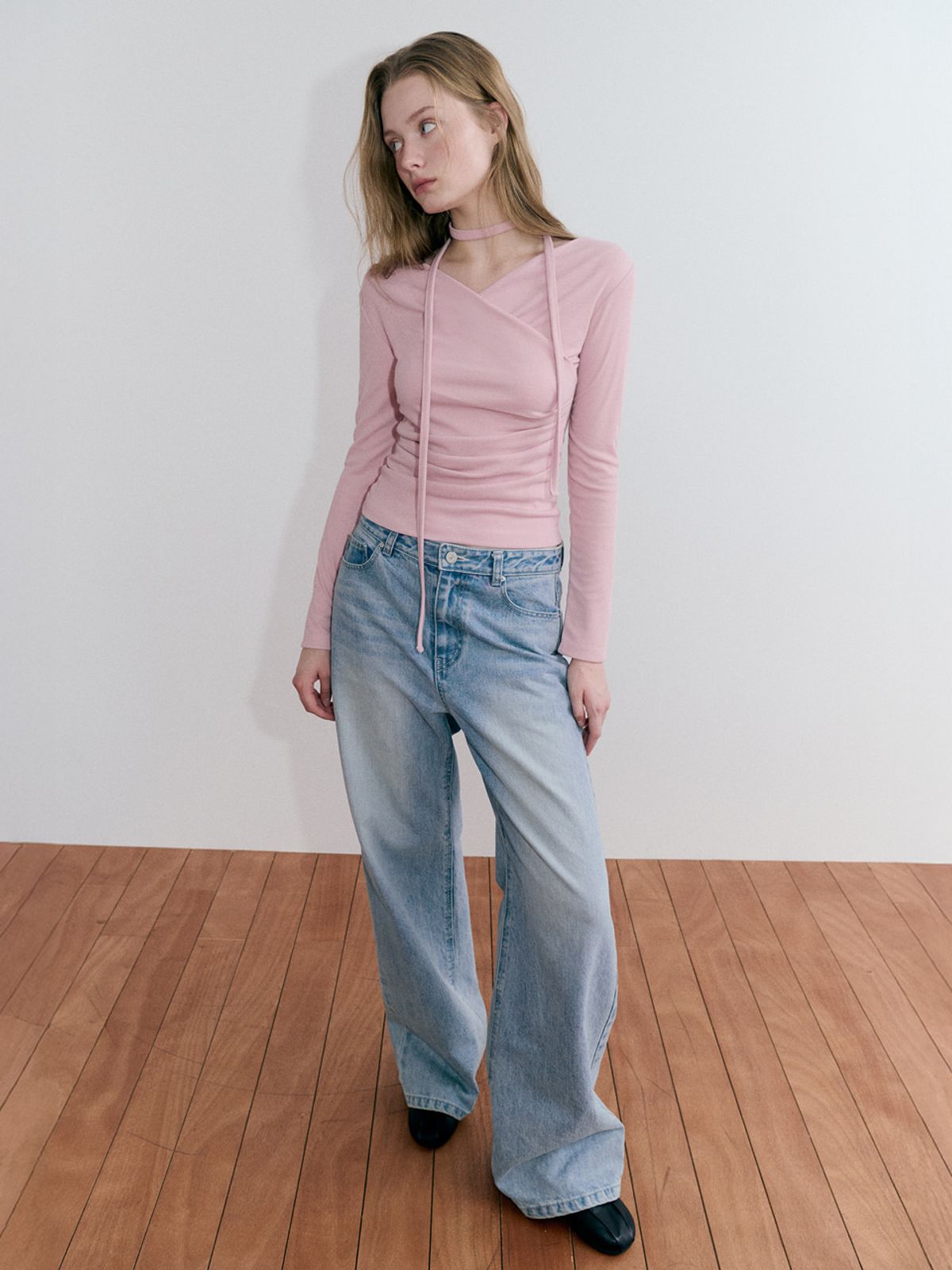 에트몽(ETMON) Wrap Pintuck Scarf T-Shirt, Pink