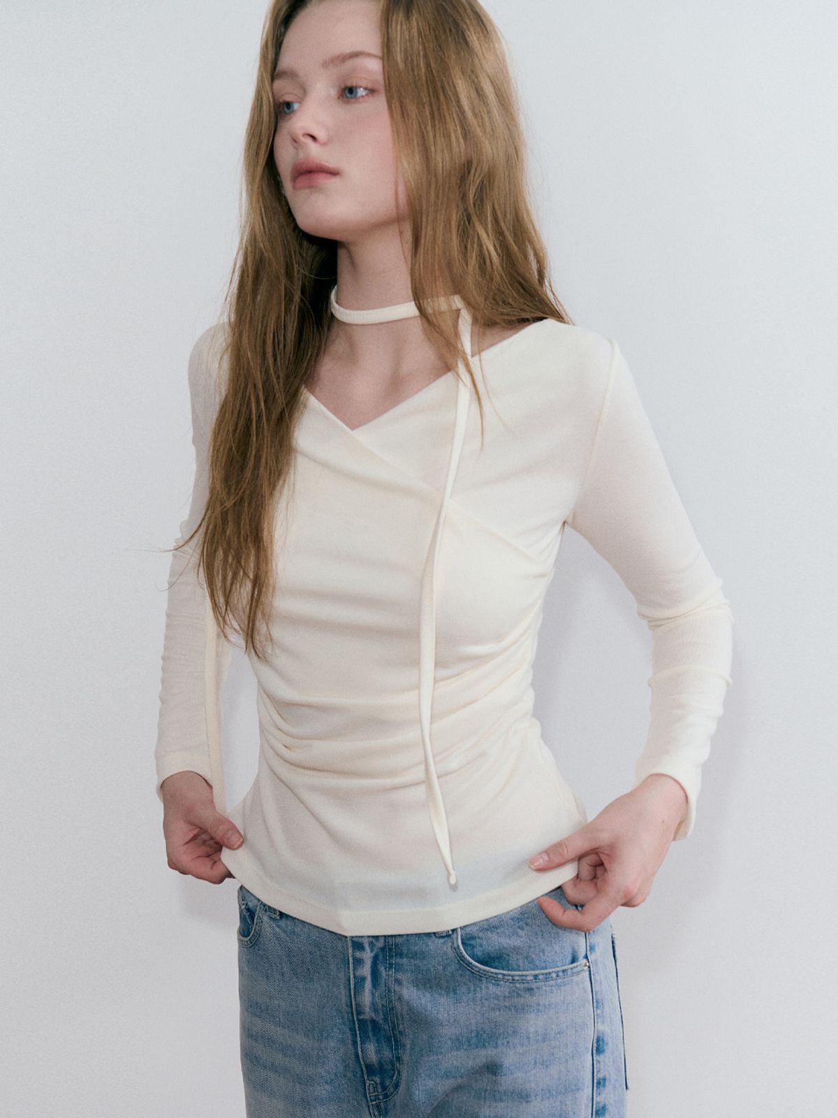 에트몽(ETMON) Wrap Pintuck Scarf T-Shirt, Cream