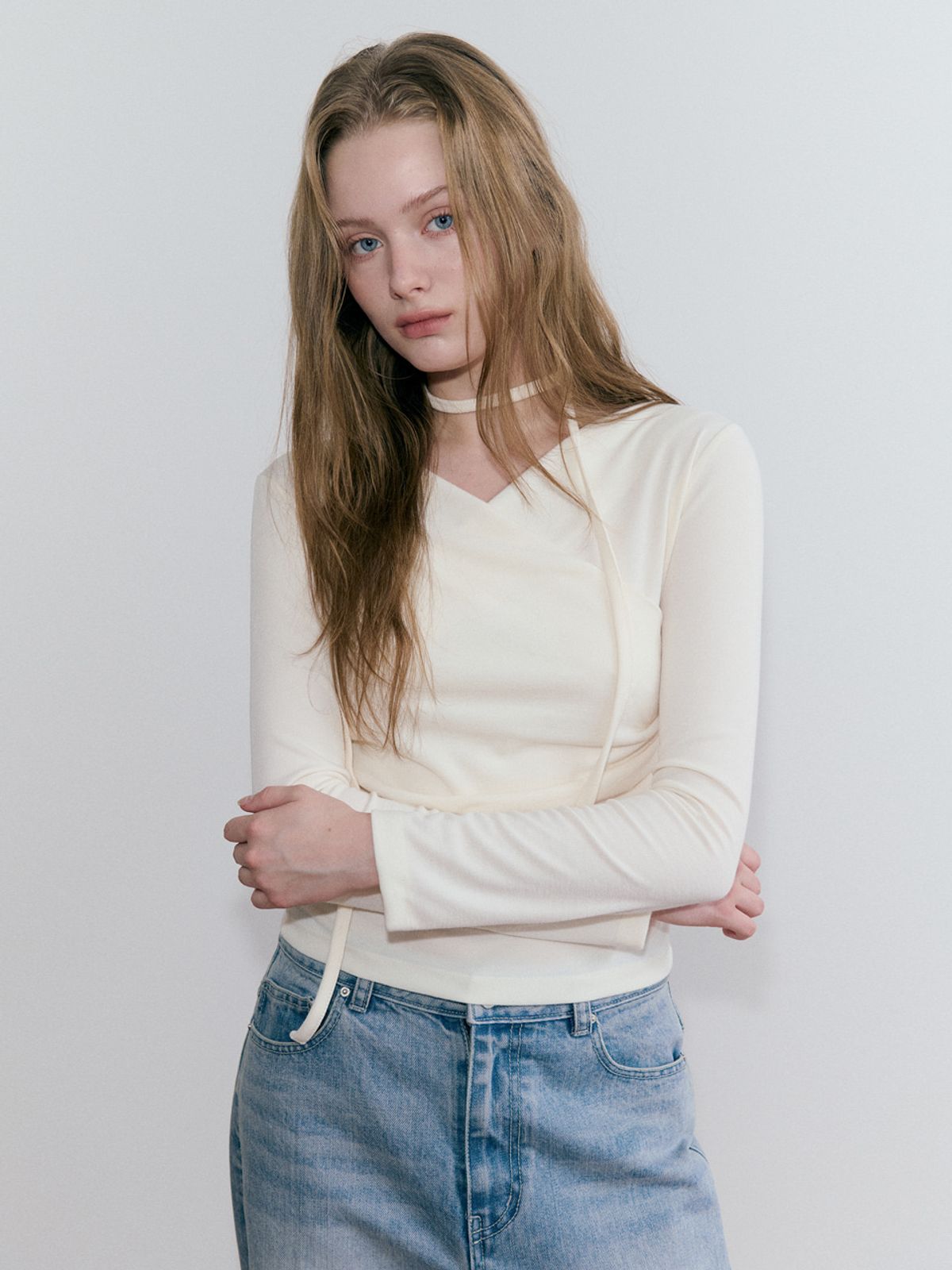 에트몽(ETMON) Wrap Pintuck Scarf T-Shirt, Cream