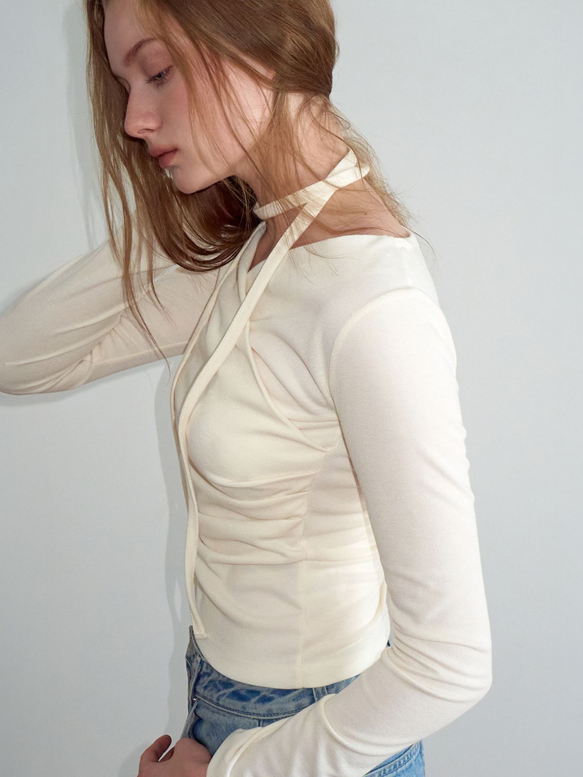 에트몽(ETMON) Wrap Pintuck Scarf T-Shirt, Cream