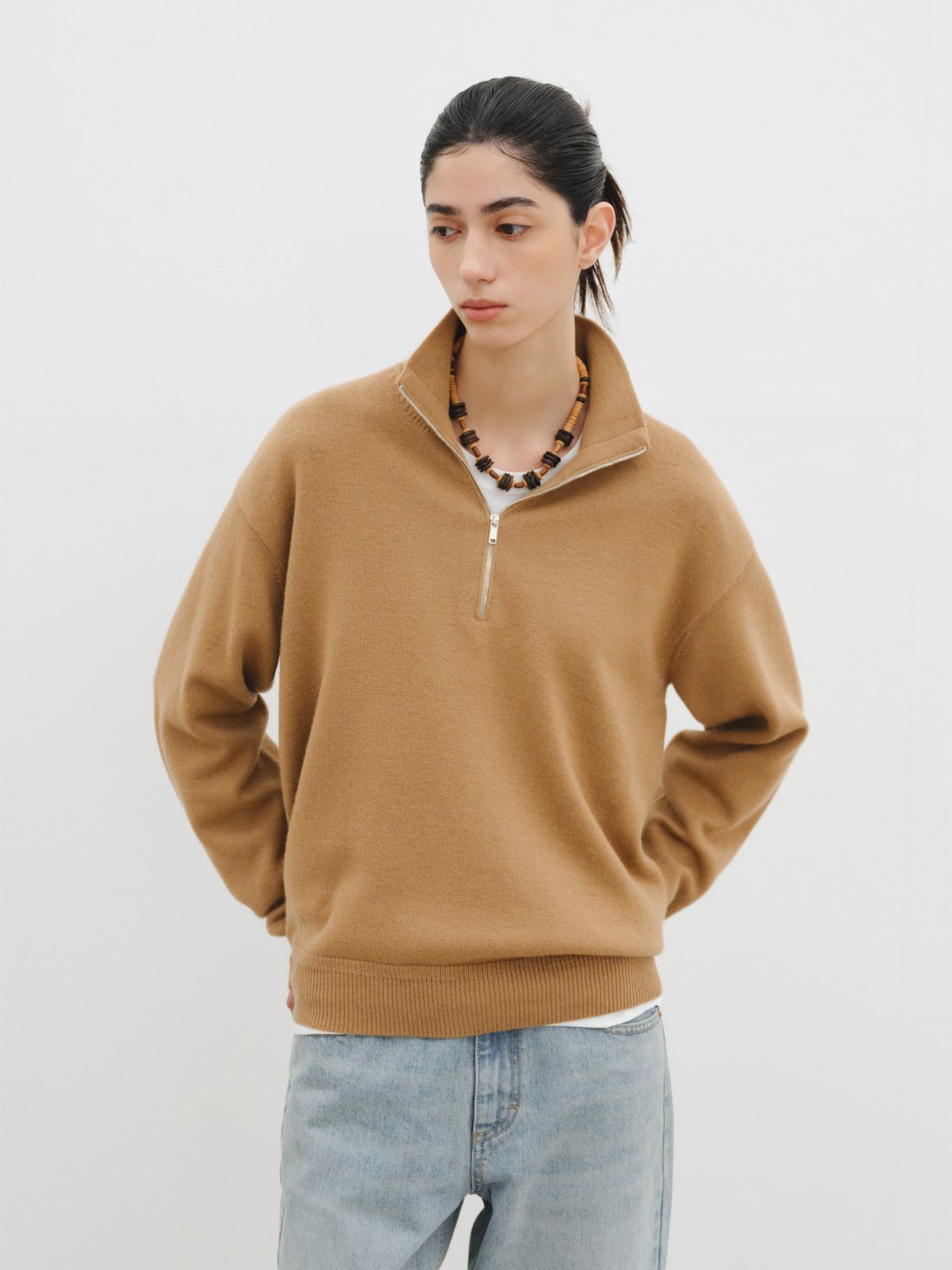 리플레인(REPLAIN) WOOL HALF ZIP-UP KNIT_CAMEL