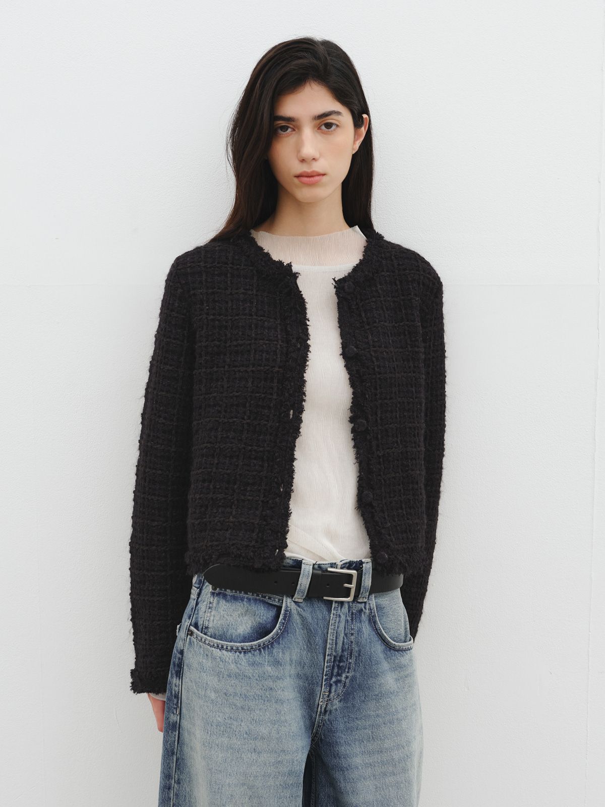 리플레인(REPLAIN) TWEED KNIT CARDIGAN_BLACK