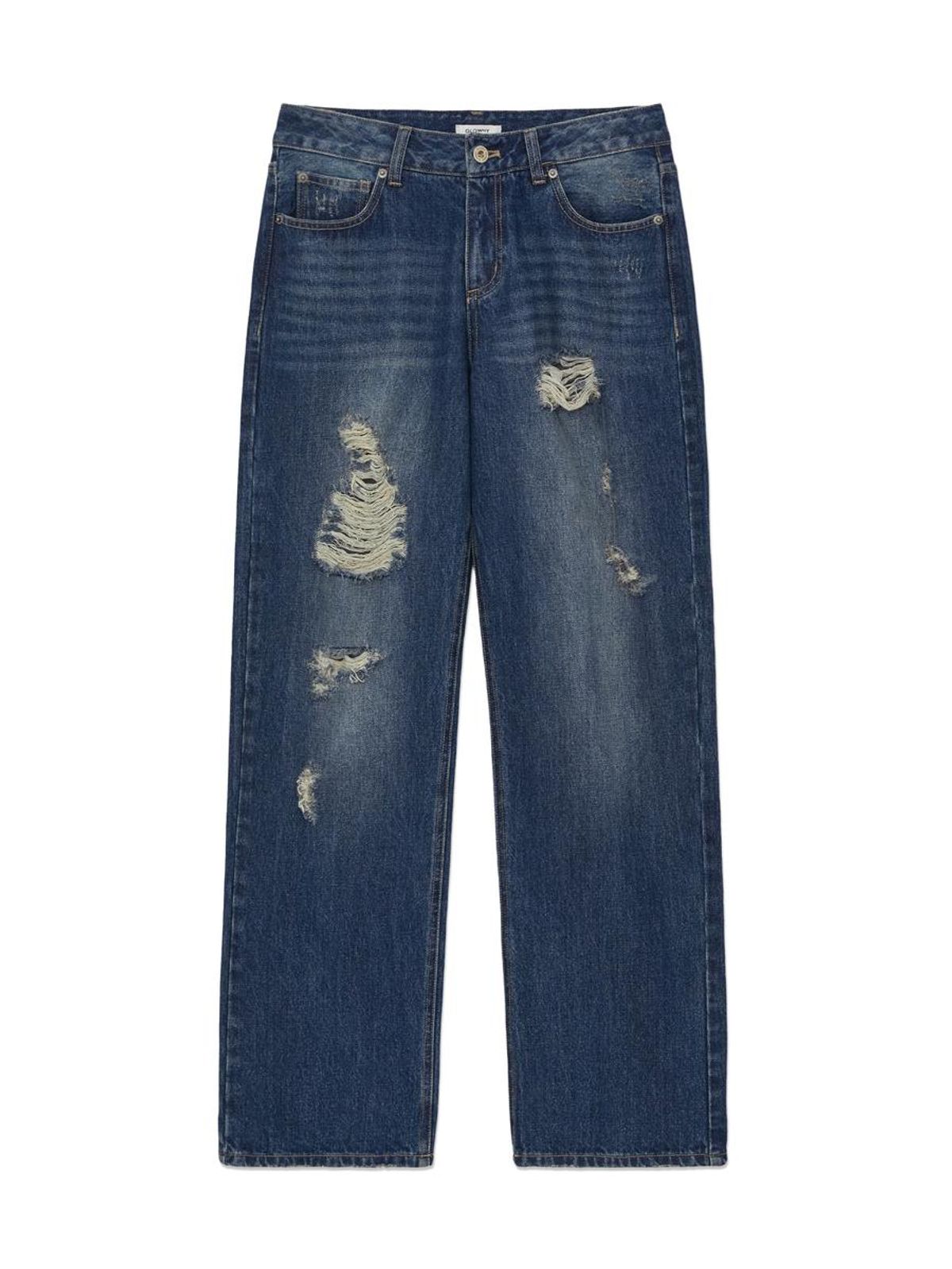 글로니(GLOWNY) DAMAGE CINCH BACK ROLL-UP JEANS (BLUE)