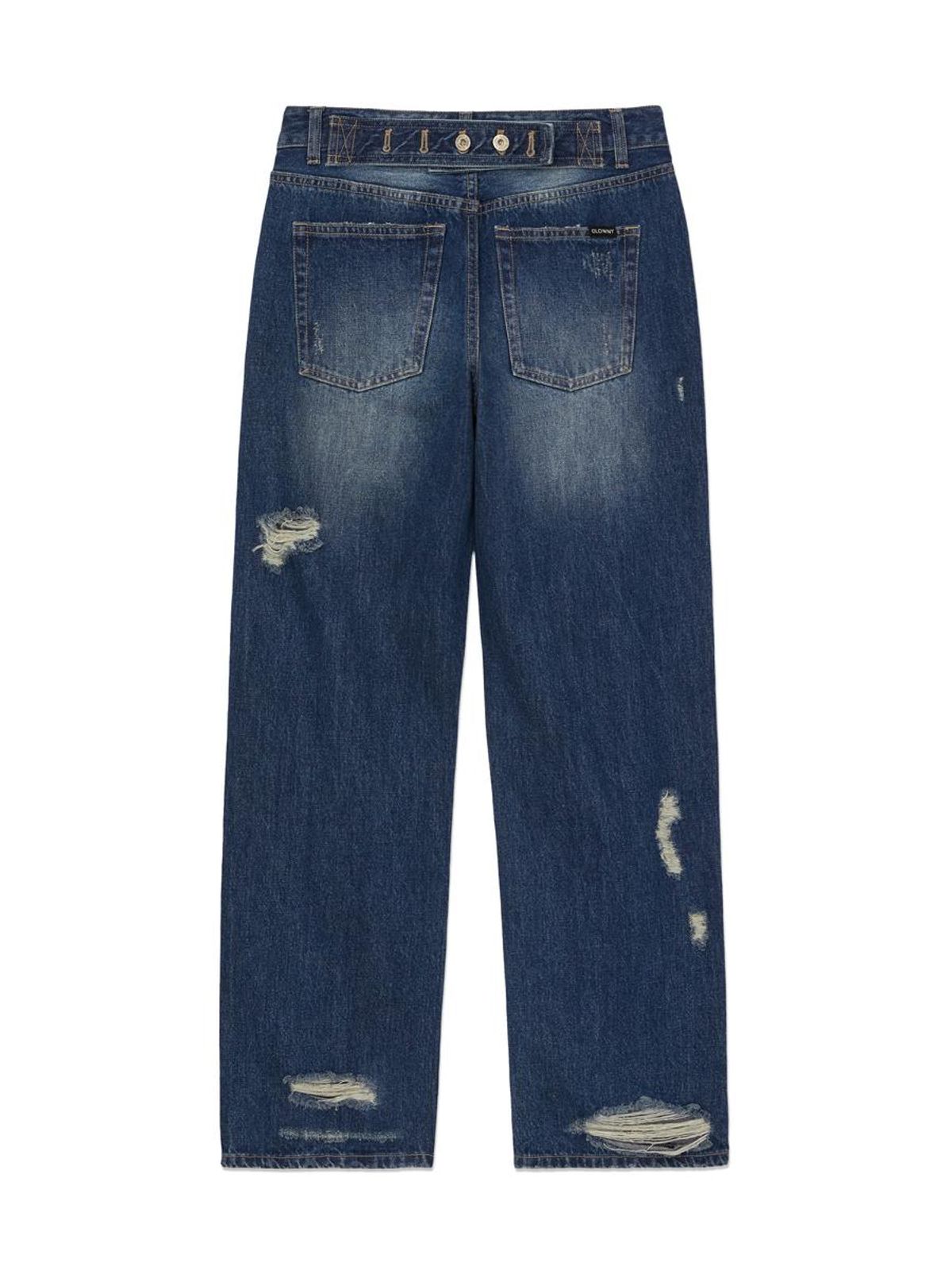 글로니(GLOWNY) DAMAGE CINCH BACK ROLL-UP JEANS (BLUE)