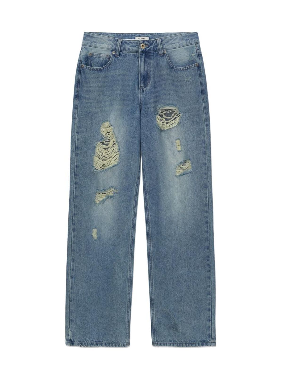 글로니(GLOWNY) DAMAGE CINCH BACK ROLL-UP JEANS (WASHED BLUE)