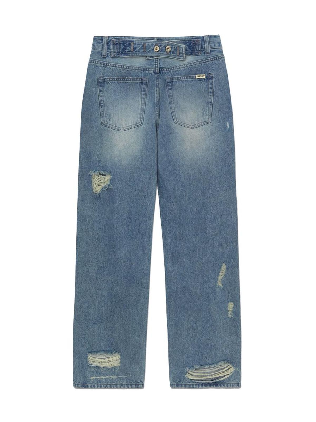 글로니(GLOWNY) DAMAGE CINCH BACK ROLL-UP JEANS (WASHED BLUE)