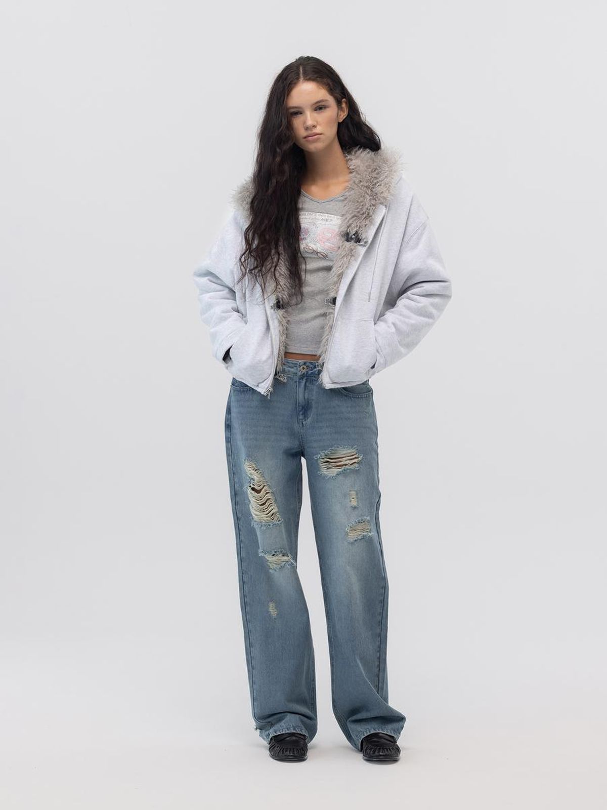 글로니(GLOWNY) DAMAGE CINCH BACK ROLL-UP JEANS (WASHED BLUE)