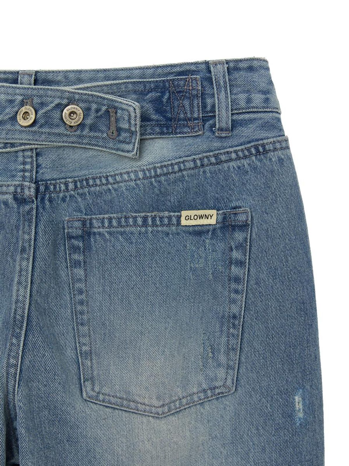 글로니(GLOWNY) DAMAGE CINCH BACK ROLL-UP JEANS (WASHED BLUE)
