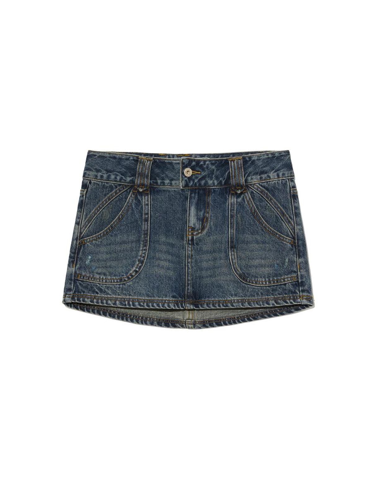 글로니(GLOWNY) CURVY DENIM MINI SKIRT (DEEP BLUE)