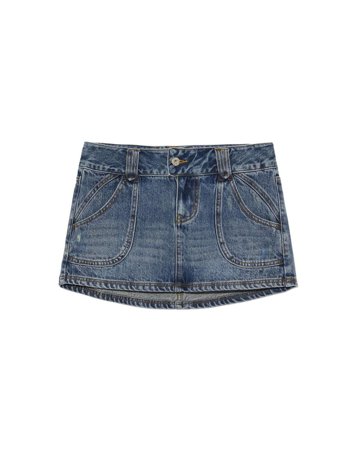 글로니(GLOWNY) CURVY DENIM MINI SKIRT (MID BLUE)
