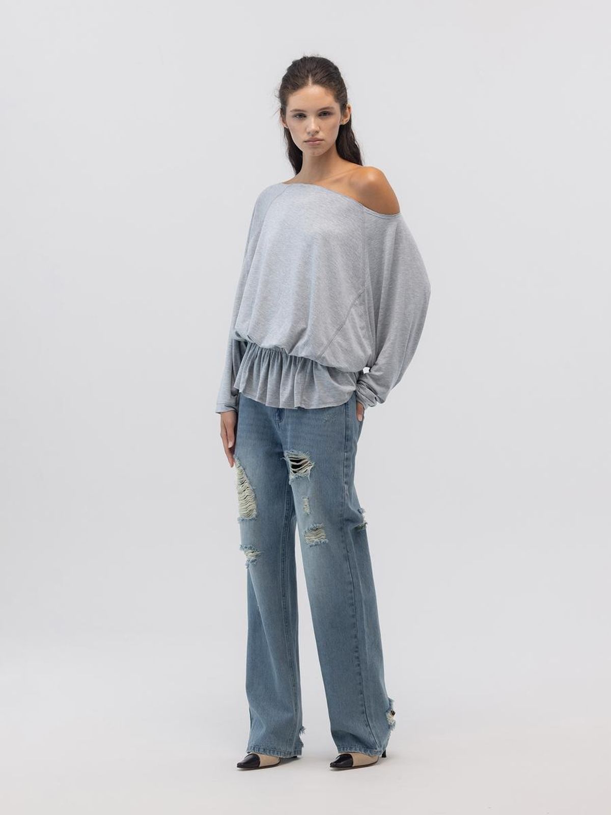 글로니(GLOWNY) SWAY SHIRRING LONG SLEEVE (GRAY)