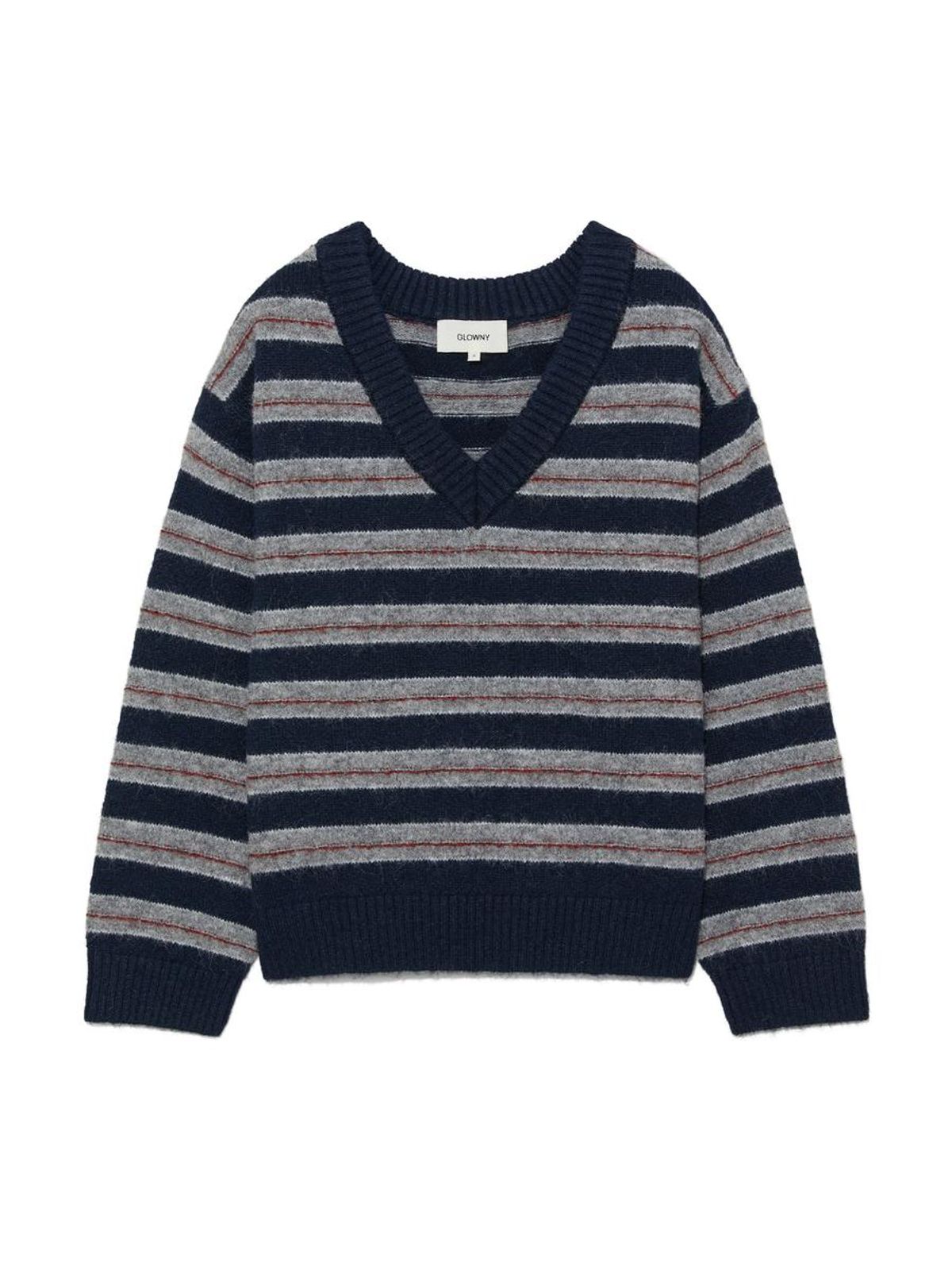 글로니(GLOWNY) MELLOW V-NECK STRIPE KNIT (NAVY STRIPE)