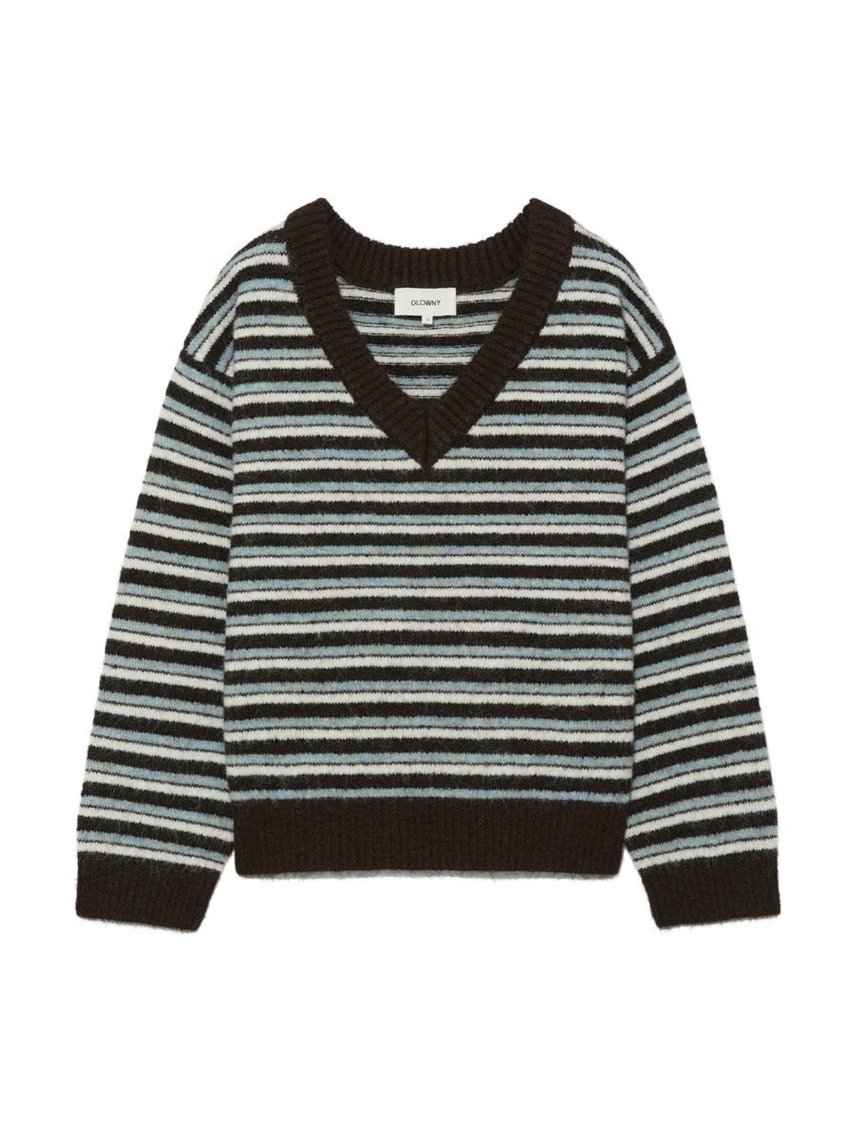 글로니(GLOWNY) MELLOW V-NECK STRIPE KNIT (BROWN STRIPE)